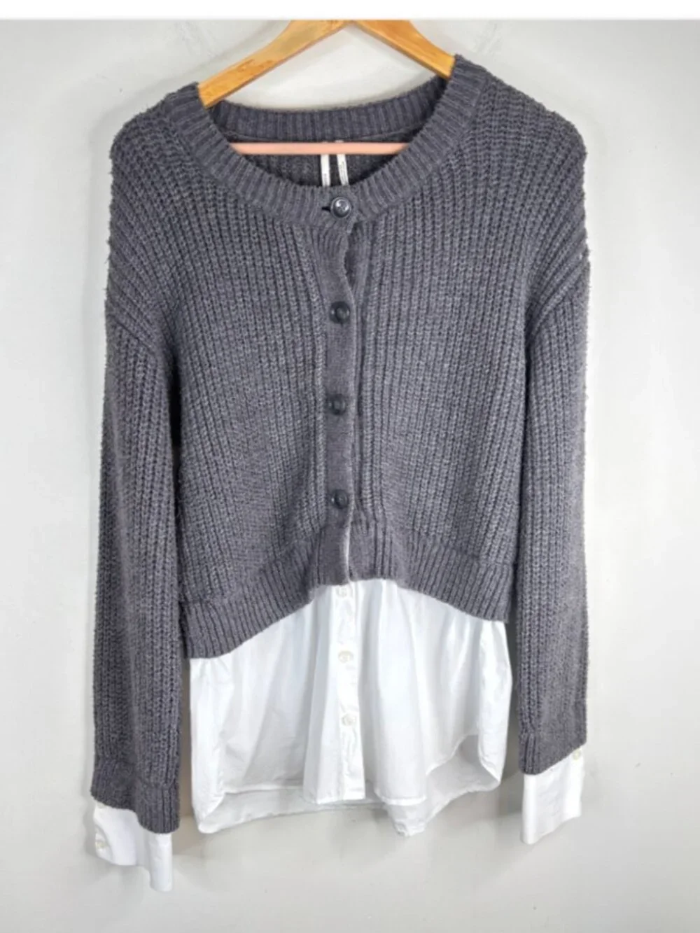 By Anthropologie Cropped Twofer Cardigan M Gray Shirt Hem Academia Preppy Oxford